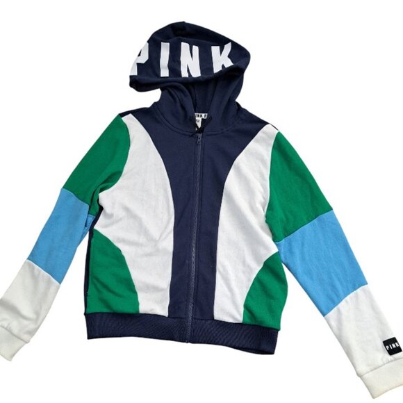 Pink Victoria's Secret Blue Green White ColorBlock Zip Hoodie Top Large - Picture 10 of 10